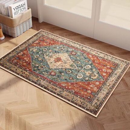 Yancorp 2'x3' Boho Area Rug for Bedroom Non Slip Washable Rug Vintage Carpet Living Room Non-Shedding Indoor Floor Mats Bedroom Kitchen Entryway Rugs-Rectangle Red