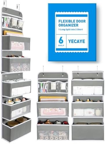 Yecaye 6-Tier Over the Door Storage Organizer, Flexible 1 Split into 2 Swing-proof Hanging Bathroom Storage Organization, Bedroom Organizer and Storage for Newborn Baby Essentials, Grey