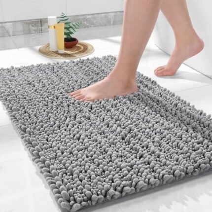 Yimobra Bathroom Rug Mat, 24'' x 17'', Luxury Chenille Shaggy Microfiber Bath Rugs, Extra Soft & Thick, Absorbent Water, Non-Slip, Machine Washable, Bath Mats for Bath Floor,Tub and Shower, Gray