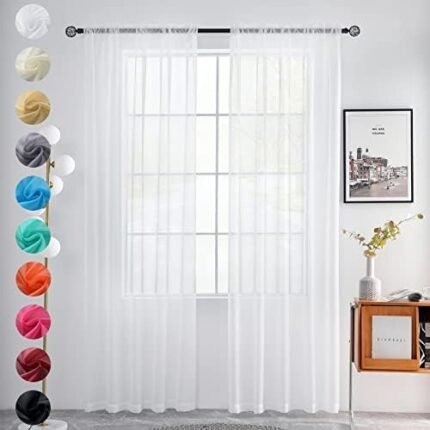 Youleyar Solid Sheer Rod Pocket Curtain Voile Draperies 2 Panels White Beige Black Grey Ivory 52 Inch Width 84 Inch Long 1 Pair for Kitchen Bedroom Children Living Room Yard(White,52" Wｘ84 L)