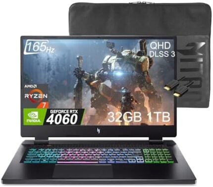 acer Nitro 5 (2024) Gaming Laptop (17.3" QHD 165Hz, AMD 8-Core Ryzen 7 7840HS (Beat i7-12700H), 32GB DDR5 RAM, 1TB SSD, GeForce RTX 4060 8GB), 4-Zone RGB, Wi-Fi 6E, IST Cable, Bag, Win 11 Home, Black