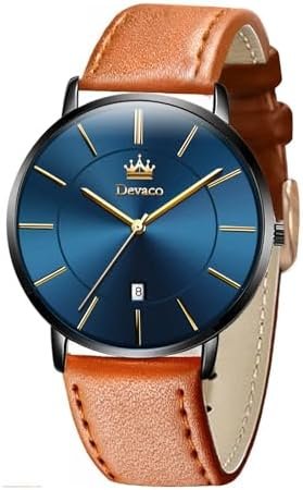 devaco Mens Watches, Minimalist Fashion Simple Wrist Watch for Men Analog Date with Leather Strap，Ultra Thin and Stylish Large dial Watches for Men.