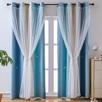 indistar Star Blackout Curtains for Girls Kids Bedroom, Colourful Stripe Window Curtain Panels, 2 Layer Lace Drapes, Room Darkening Curtain for Living Room Decor, 1 Panel（Blue W52 x L63 inch）