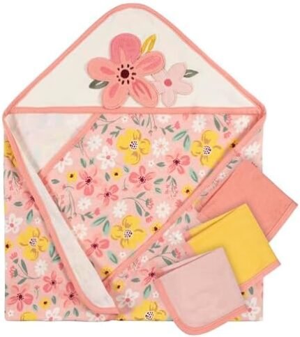 Gerber 4-Pack Baby Girls Kitty Floral Hooded Towel and Washcloths