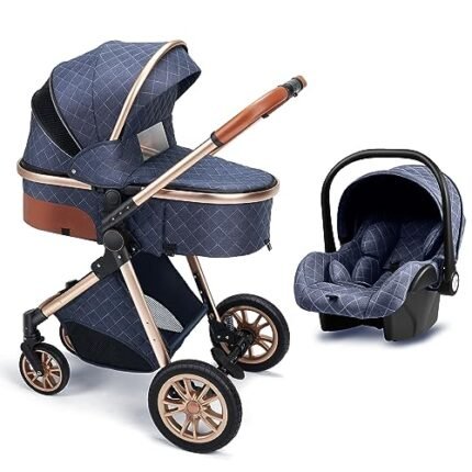 Luxury Pram High Landscape Baby Stroller Folding Pushchair Vista Stroller with Reversible Stroller Seat (Blue)