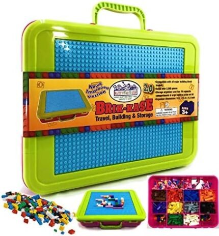 Matty's Toy Stop Brik-Kase 2.0 Travel, Building, Storage & Organizer Container Case with Building Plate Lid (Holds Approx 2000pcs) - Compatible with All Major Brands (Pink, Lime & Aqua)