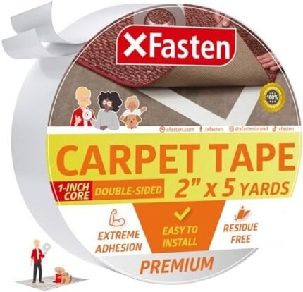 XFasten Double Sided Carpet Tape - Heavy Duty 2” x 5 yds, 1” Core Carpet Tape for Area Rugs Over Carpet, Keep Rug in Place, Double Sided Rug Tape Hardwood Floor, Laminate, Tile