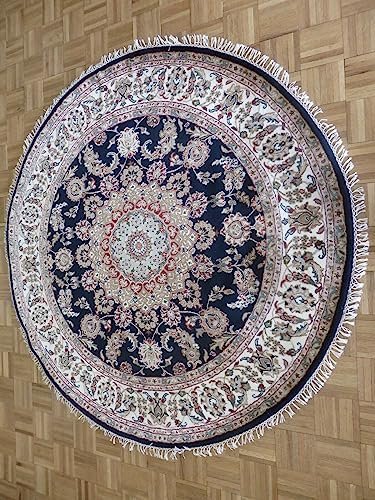 5 x 5 Round Hand Knotted Navy Blue Nain with Silk Oriental Rug G14107