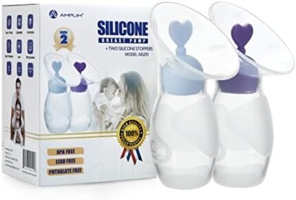 Amplim 2-Pack Gen 2 Manual Breast Pump/Collector for Breastfeeding with Stopper (4 oz/100ml) Food Grade Silicone BPA PVC and Phthalate Free (Blue + Purple)