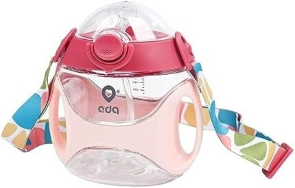 Baby Straw Water Bottle with Handles and Strap, Portable Travel Toddler Cup for School,11 Ounce(Pink)