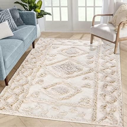 Boho Area Rug 3' x 5', Tufted Cotton Woven Rug Farmhouse Living Room Rug Washable Geometric Tribal Throw Carpet for Bedroom Kitchen Sofa,Beige