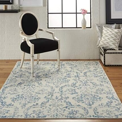 Nourison Jubilant Damask Ivory/Blue 4' x 6' Area -Rug, Easy -Cleaning, Non Shedding, Bed Room, Living Room, Dining Room, Kitchen (4x6)