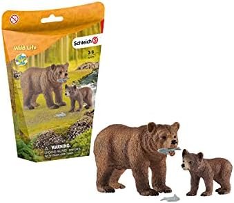 Schleich Wild Life, 4-Piece Playset, Animal Toys for Kids Ages 3-8, Grizzly Bear Mother with Cub and Fish